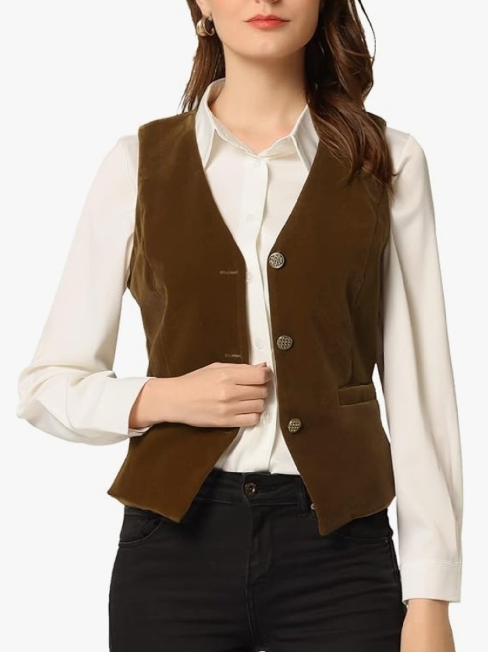 NWT Boutique Velvet Button-Front V-neck Sleeveless Vest In Coffee Brown - M